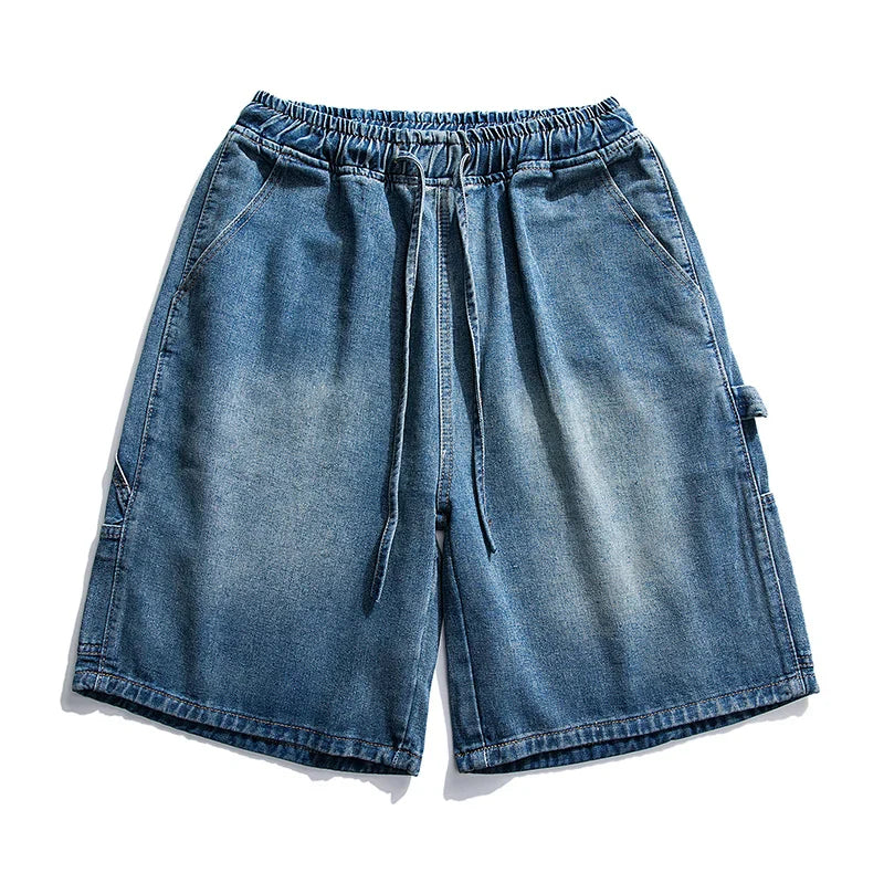 saferido Korean Style Summer Men's Blue Baggy Denim Shorts New Street Apparel Workwear Large Pocket Wide Leg Denim Shorts Blue