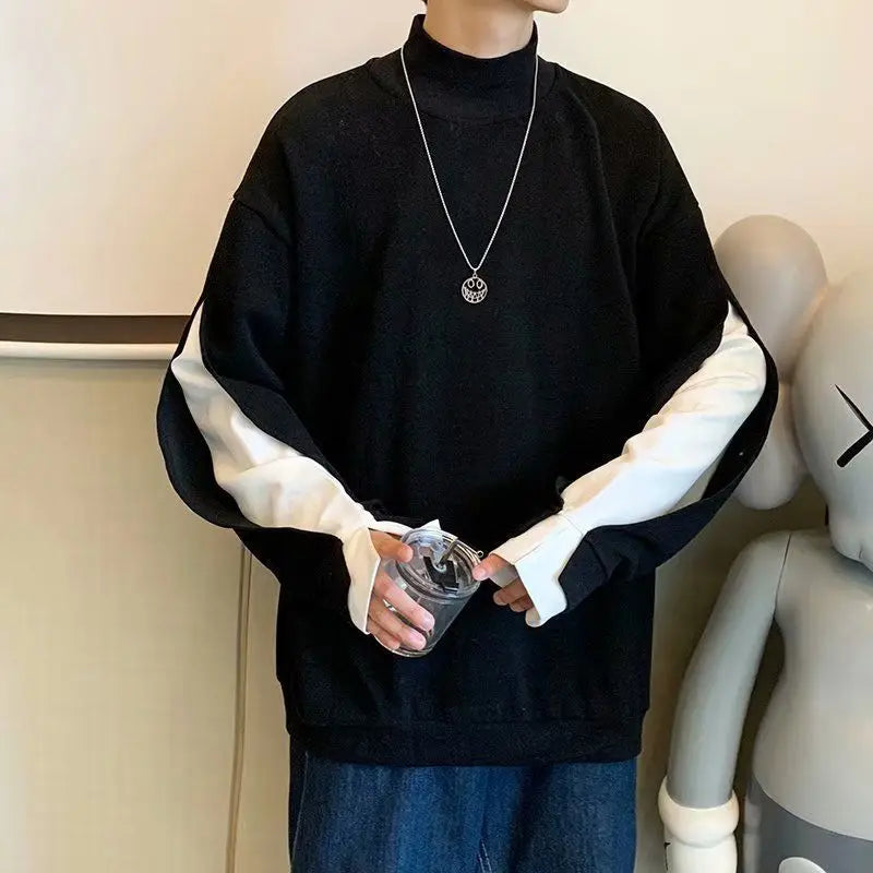 saferido Stylish Stand Collar Spliced Loose Fake Two Pieces T-Shirt Men's Clothing Spring New Casual Pullovers All-match Tee Shirt
