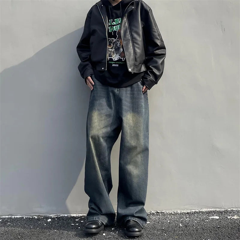 saferido Vintage Men's Jeans Spring New Distressed Denim Straight Loose Pants High Street Male Casual Simple Daily Wide Leg Trousers