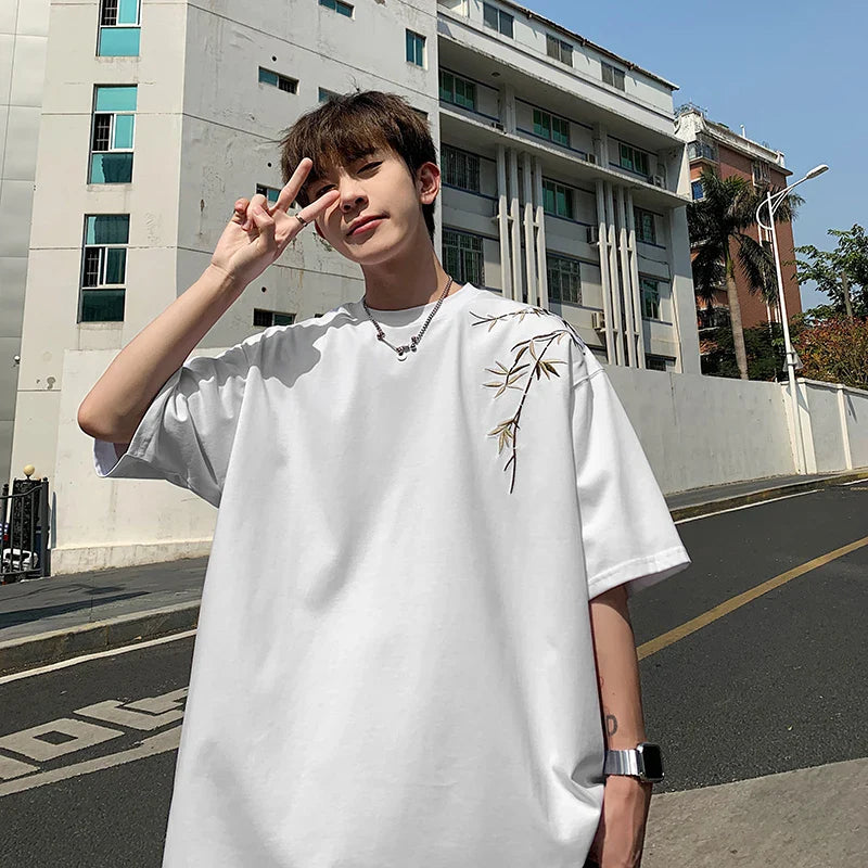 saferido Bamboo Embroidered T Shirt Men Harajuku Streetwear T-Shirts Summer Short Sleeve Black White Loose Casual Tshirt Tees Top
