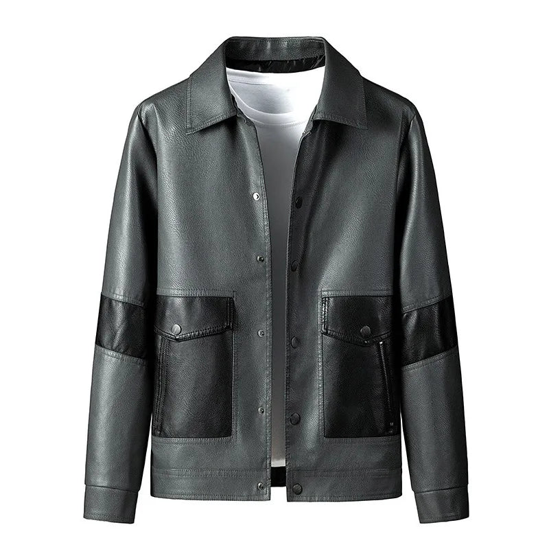 Autumn Business Men's Leather Jackets Motorcycle Bike Streetwear Clothing Men Stand Collar Pocket Zipper Overcoat Man