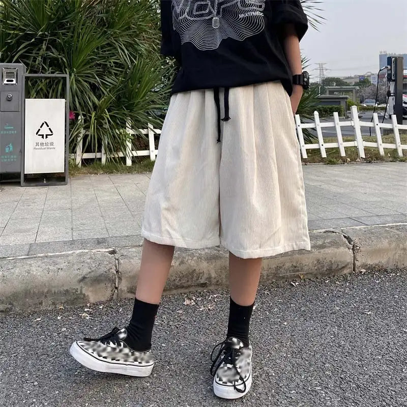 saferido Brown Corduroy Shorts Oversized Baggy Five Point Trousers Summer Korean Fashion Wide Leg Ins Hip Hop Bottoms Men