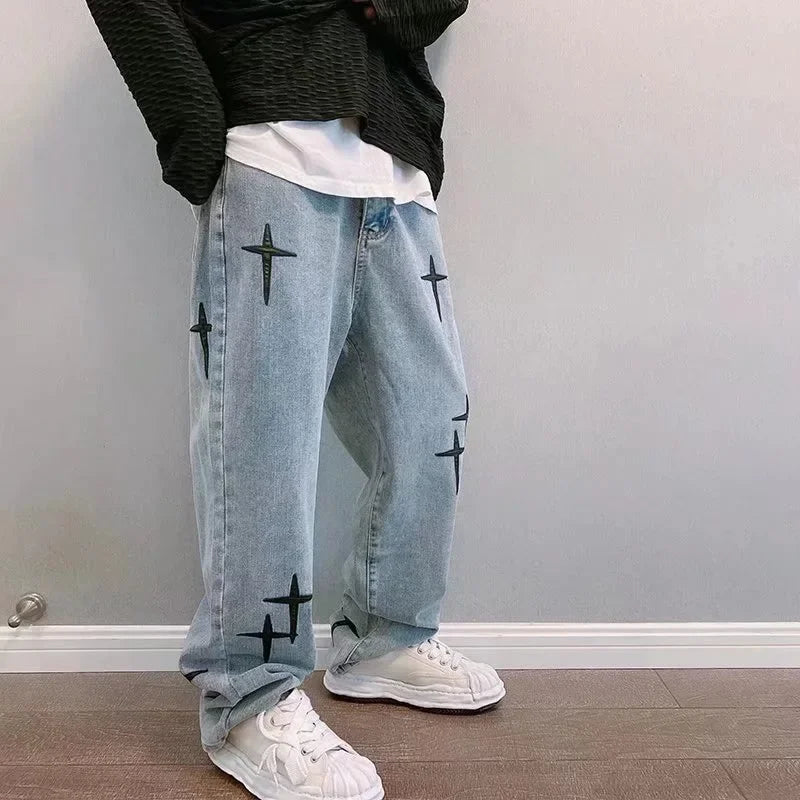 saferido Print Embroidery Jeans Men Vintage Casual Loose Wide Leg Baggy Man Trousers 2024 Spring Summer Fashion Hip Hop Male Cargo Pant