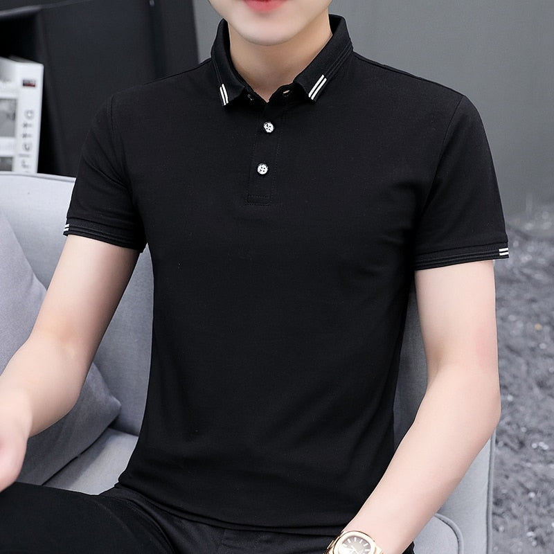 Brand Summer Oversized T Shirt Men New Turn-Down Collar Short-sleeved T-shirt Casual Solid Color Slim Fit Clothing