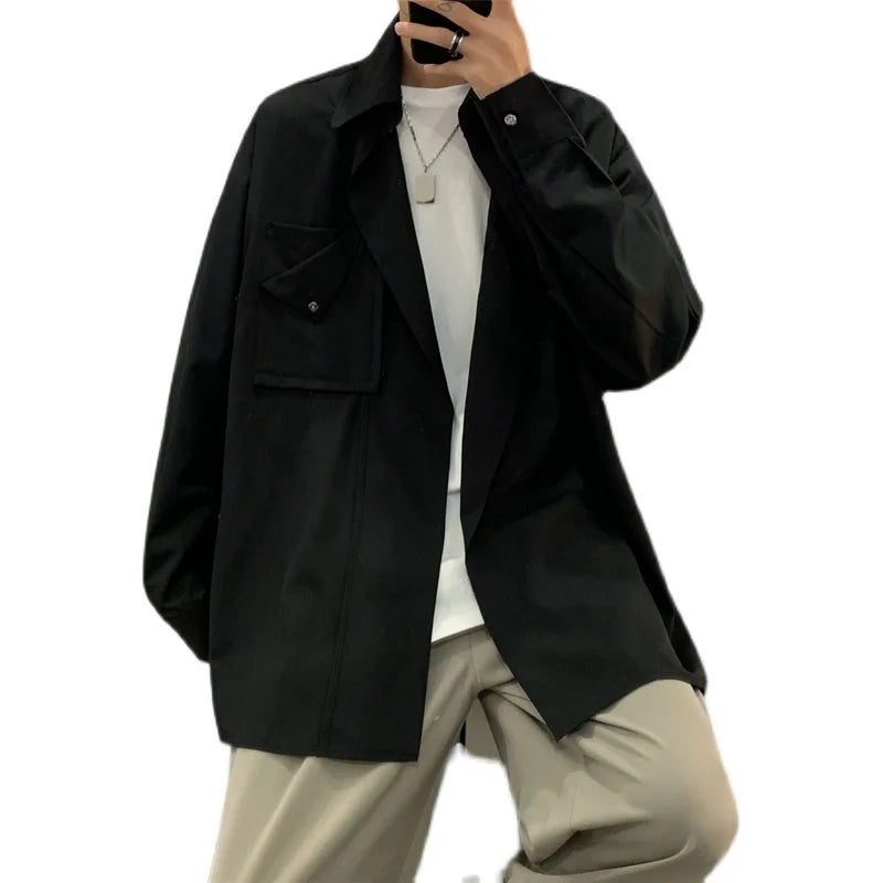saferido Korean Streetwear Spring Color New Style Personalized Men's Suit Stand Collar Diagonal Button Long Sleeve Shirt Male