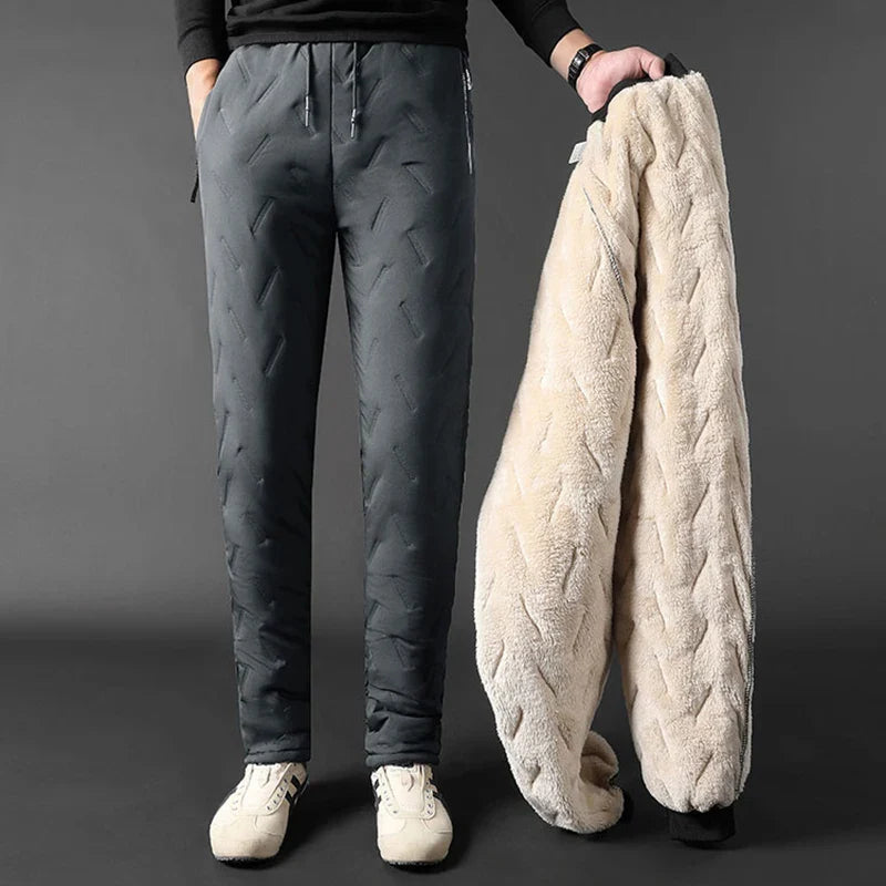 Winter Zip Pockets Thicken Fleece Men Warm Pants Trousers