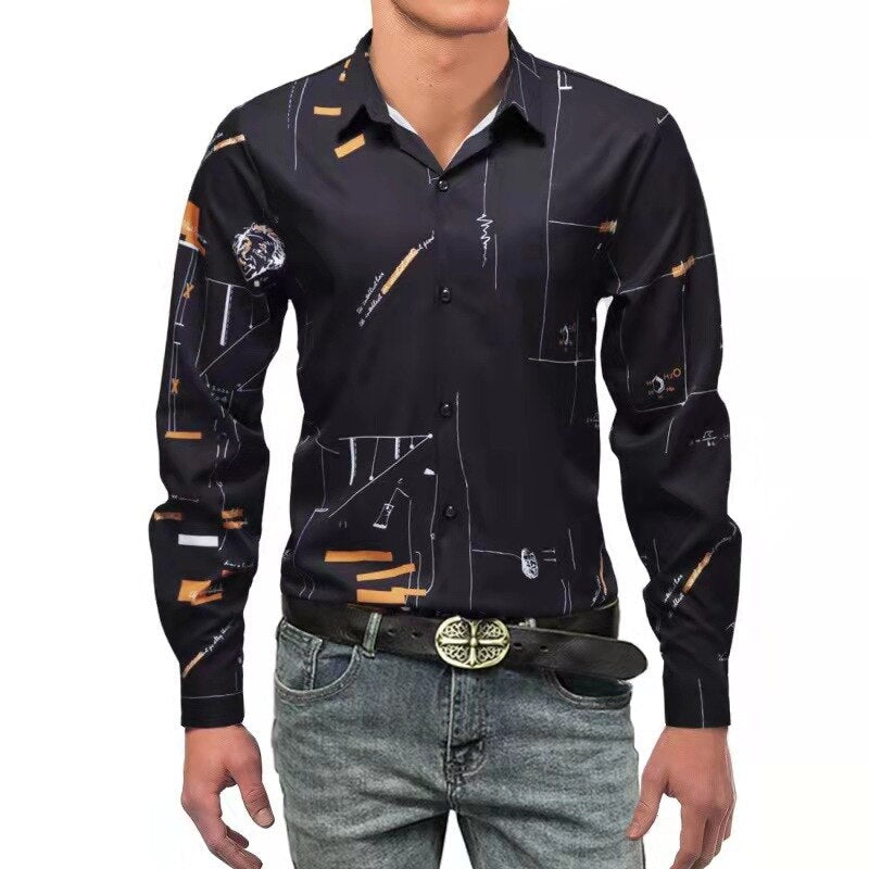 Fashion Print Luxury Long Sleeve Shirt Man Button Up For Men Clothing Business Casual Social Dress Slim Shirts Male Blouse