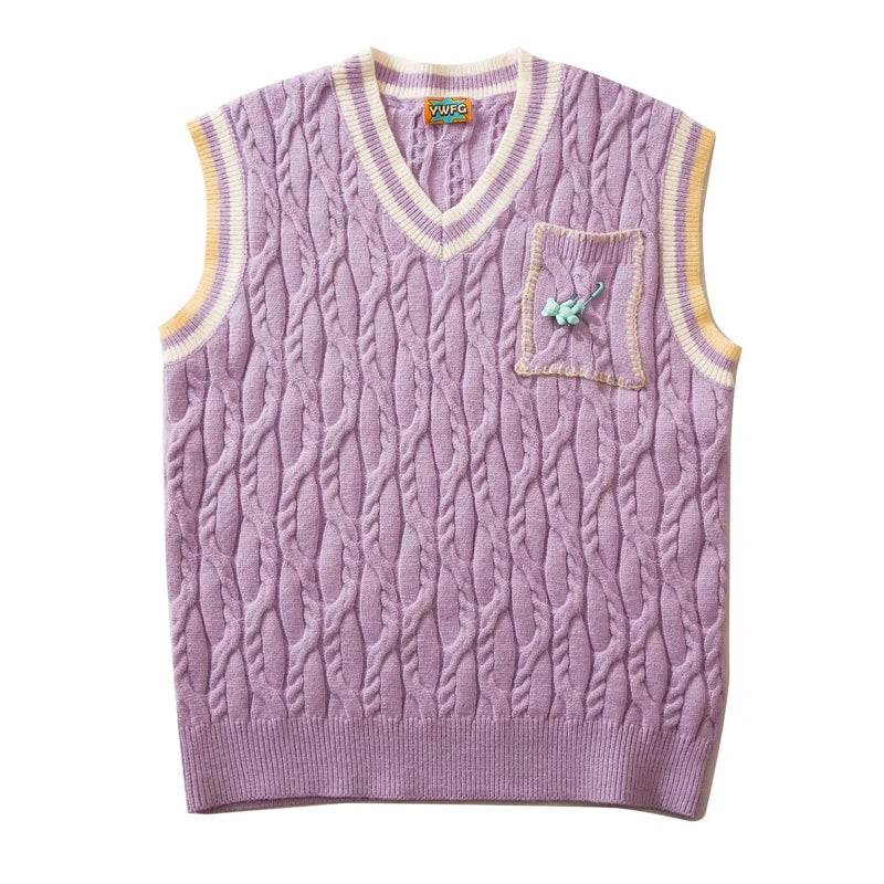 saferido Japanese Harajuku Knitted Vest Men Solid Color Matching V-neck Pullover Causal Loose Sleeveless Couple Sweaters Fashion New