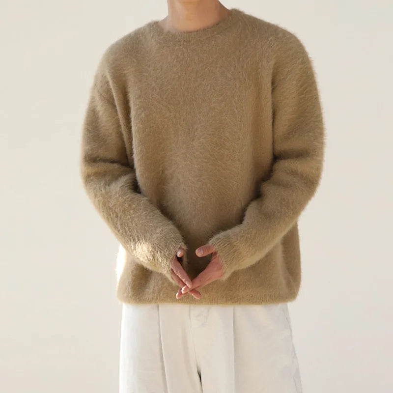 Autumn Winter Round Collar Mohair Sweater Loose Korean Style Vintage Kintted Sweater Pullover Men Clothing