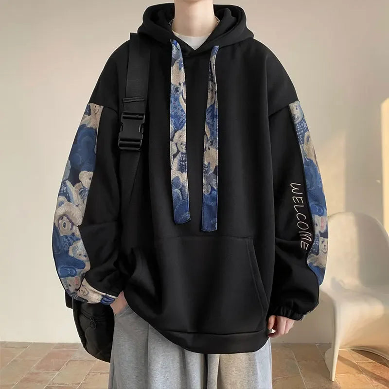 saferido Korean Style Streetwear Men Hooded Sweatshirt Trendy Side Embroidery Design Loose Hoodie Casual Drawstring Hoodies