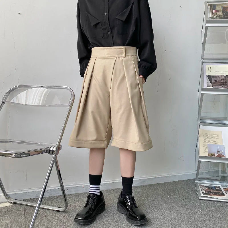 saferido New Niche Design Pasted High Waist Khaki Causal Wide Leg Shorts Summer Korean Trend Men's Knee Length Pants