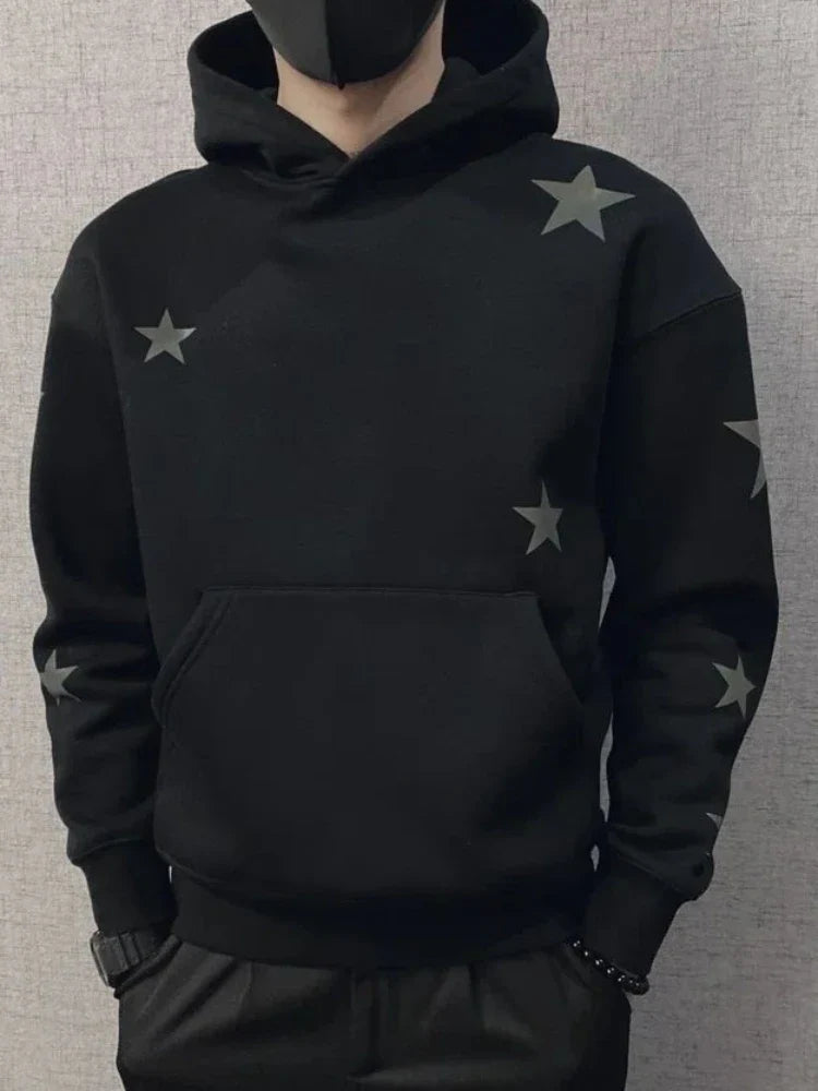 saferido Sweatshirt for Man Hooded Black Male Clothes Hoodies Star Sweat Shirt Emo Korean Style One Piece Novelty and Warm Loose