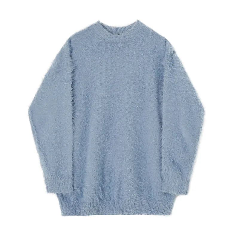 Autumn Winter Round Collar Mohair Sweater Loose Korean Style Vintage Kintted Sweater Pullover Men Clothing
