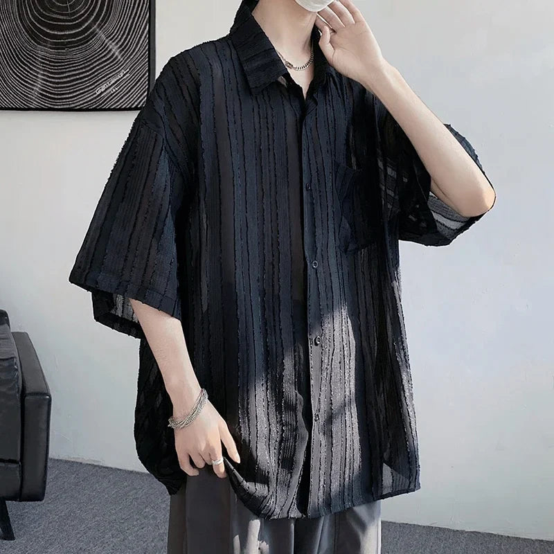 saferido Spring Summer Men's Solid Shirts Short Sleeve Harajuku Style Cardigan Casual Blouses Male Plus Size Lapel Shirt