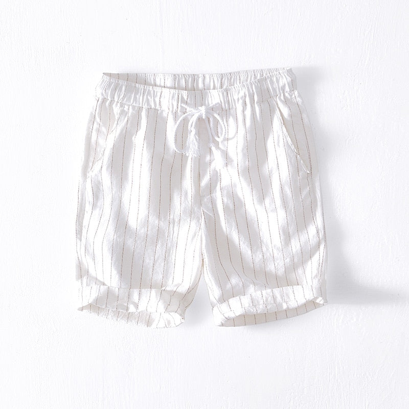 Cotton Linen Shorts for Men Fashion Striped White Loose Holiday Shorts Man Casual Plus Size Drawstring Short Pants