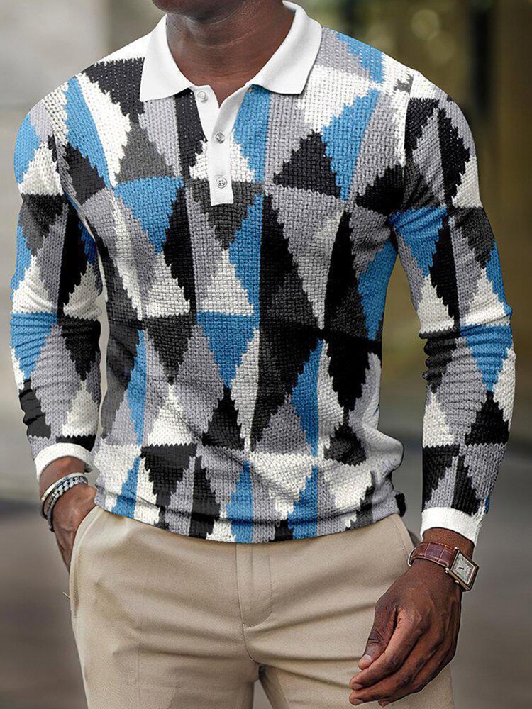 Spring Casual Printed Polo Shirts Men's Fashion Turn-down Long Sleeve Polo Shirt For Men New Autumn Buttoned Slim Fit Tops