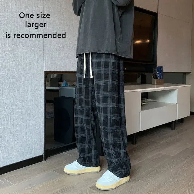 saferido Men Checkered Casual Pants Loose Straight Corduroy Pants Sweatpants Man Fashion Streetwear Spring New Hip Hop Trousers