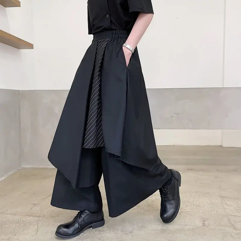 saferido Japan Sstreetwear Fashion Men's Black Trousers New Stripe Contrast Color Patchwork Irregular Loose Ankle Length Pants