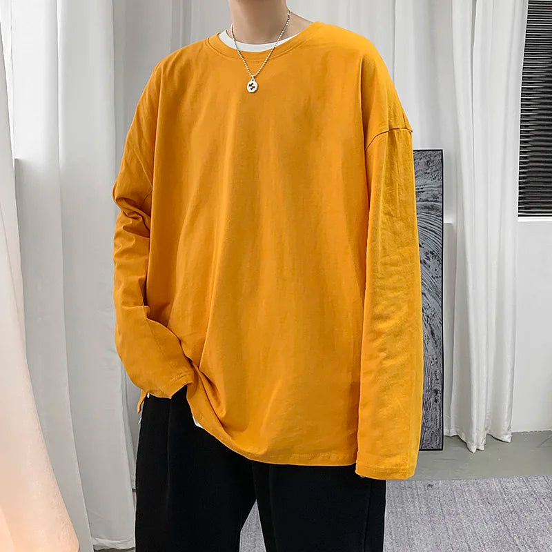 saferido Spring Multicolor Cotton T-shirt Men Fashion Solid Color Casual O-neck T Shirt Men Korean Loose Long-sleeved T-shirt Mens Tops