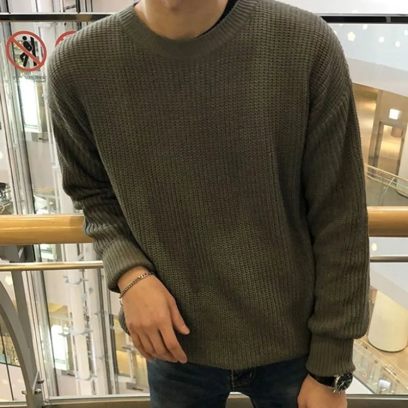 Autumn Mens Sweater Solid Color Loose Casual Bottoming Pullover Round Neck Japanese Warm Knitted Sweater