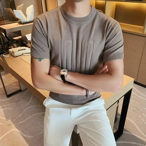 saferido New Summer Men's Short Sleeve Solid Color T shirt Round Collar British Slim Casual Fashion Knit T-Shirts S-3XL