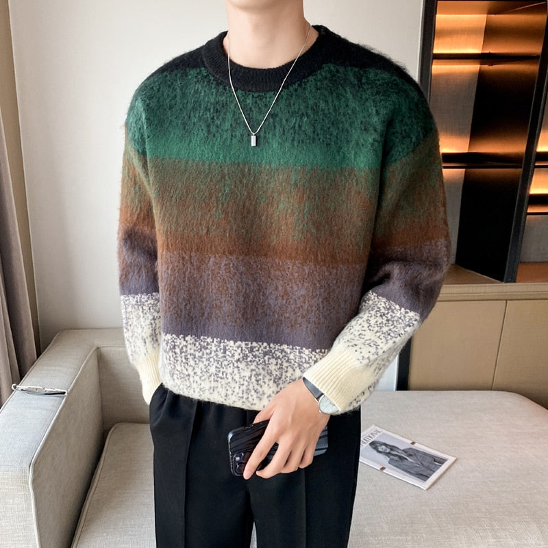 Autumn Winter Fashion Mens Sweaters Velvet Thick Long Sleeve Knit Jumper Gradient Colors Striped Patckwork Sweater Pullovers Man