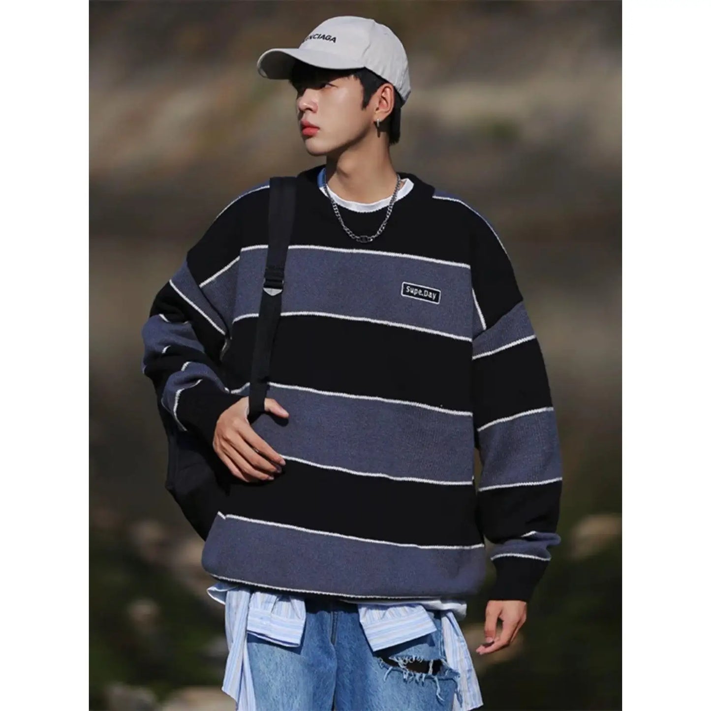 saferido Hip Hop Korean Stripe Contrast Color Autumn and Winter New Fashion Sweater Men's Loose Relaxed Student Round Neck Lazy Style