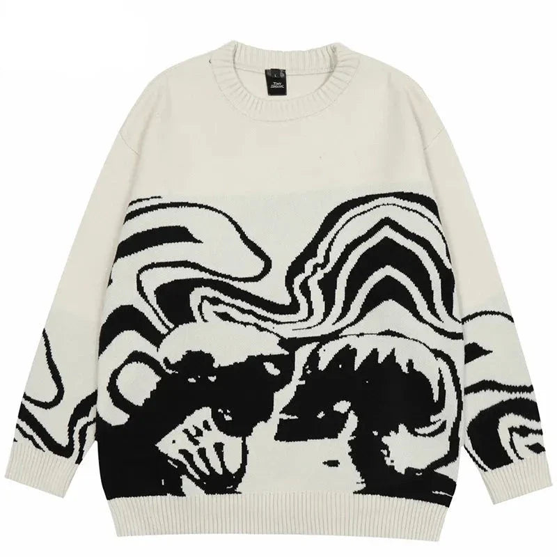 Men Streetwear Sweater Retro Painting Skull Graphic Hip Hop Knitted Sweater Vintage Pullover Casual Wool Sweater Hipster