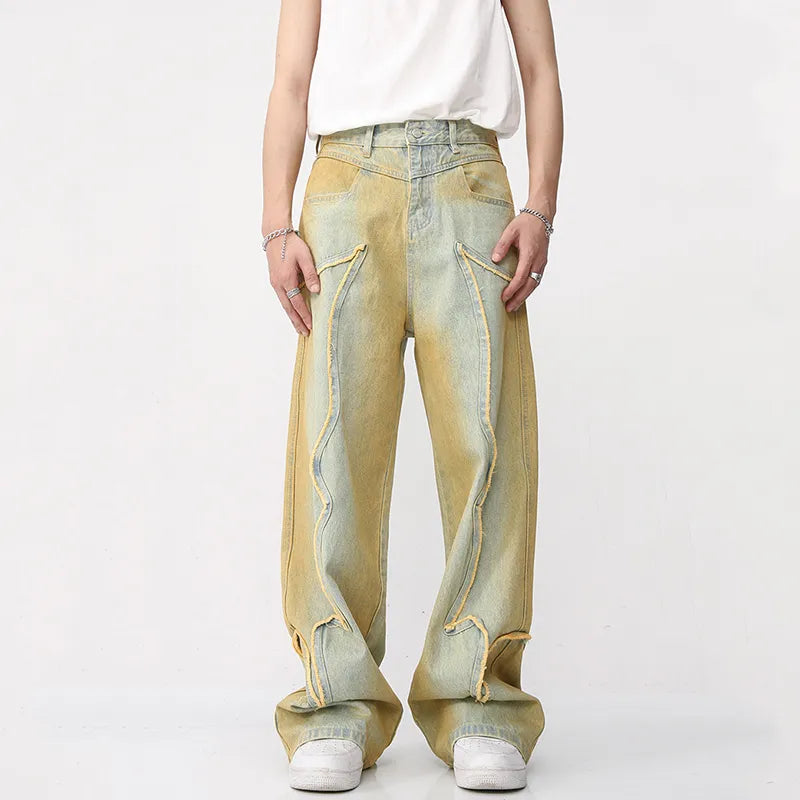 High Street Male Fashion Vintage Jeans Trendy American Style Gradient Straight Denim Pants New Men's Burrs Trousers