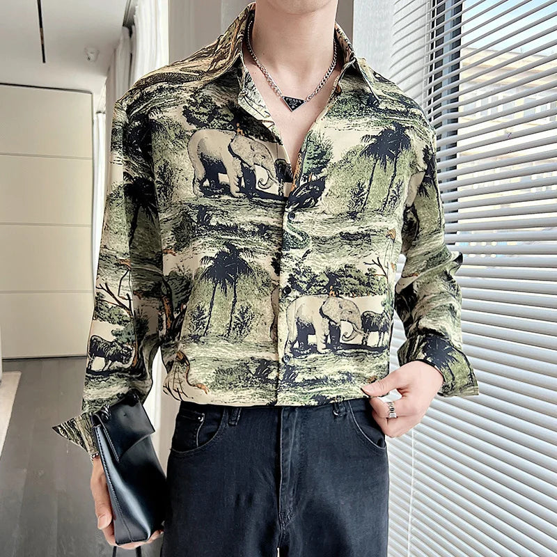 New Summer Men's Printed Shirts Oversized Clothing Casual Long Sleeve Striped Plaid Vintage Thin Draped Stretch Hawailan Blouses