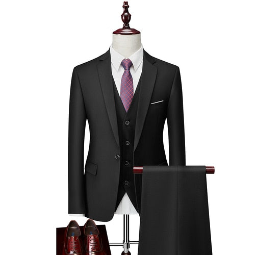 Men Slim Business Casual Suits Dress Three-piece Set Jacket Pants Vest / Male Wedding Groom Blazer Coat Trousers Waistcoat