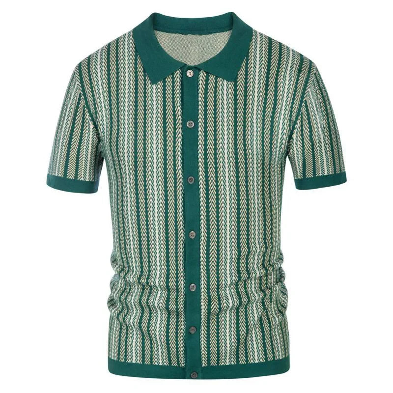 Men's Summer Casual Stripe Shirts Knitted Vintage British Breathable Patchwork Short Sleeve Jacquard Business Polo Shirt