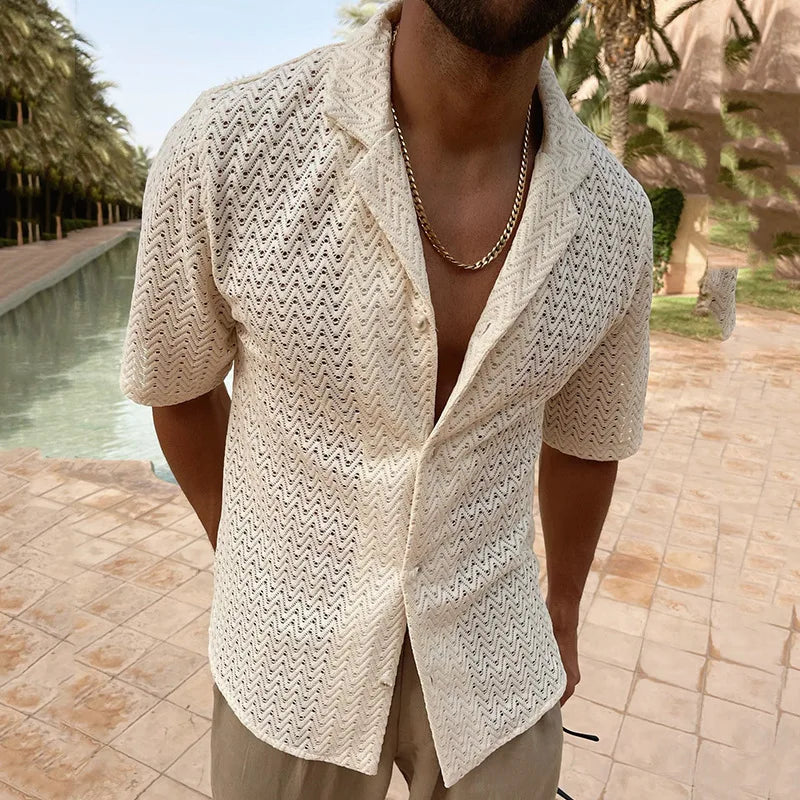 saferido Spring Summer Fashion Hollow Out Knit Shirts Men Solid Color Short Sleeve Button Lapel Tops For Mens Clothes Leisure Shirt