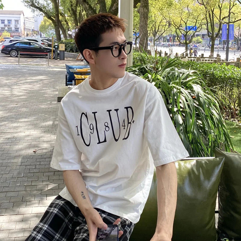 saferido Summer Men's Korean Style Casual Printed T-shirts Short Sleeve Round Neck T Shirts Green/white Color Top Clothes Tshirts
