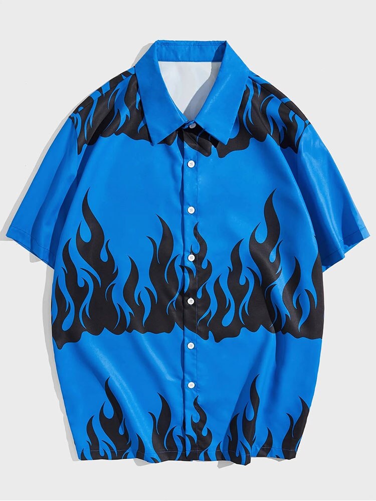 Harajuku Men Shirts Black Flower Print Short Sleeve Single Breasted Loose Shirt Hip Hop Beach Casual Streetwear Unisex