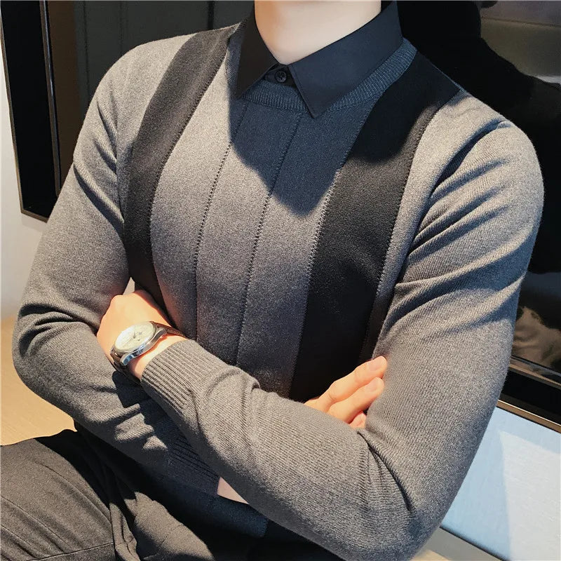 saferido Korean Style Men Keep Warm In Autumn Fake 2 Pieces Shirt Collar Knit Sweaters/Male Slim Fit Stripe Fashion Casual Knit Pullover
