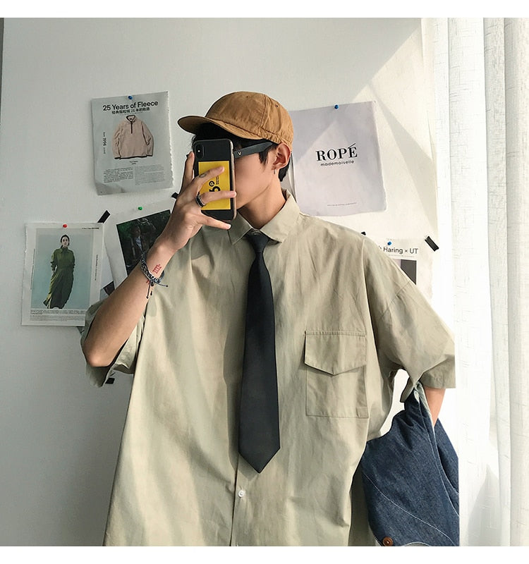 saferido Summer New Fashion Loose Solid Shirts Men's Casual Short Sleeve Shirts Turn-down Collar Clothing Blouses Tops Q02