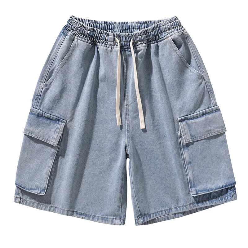 saferido Korean Summer Men's Wide Leg Denim Shorts New Fashion Loose Casual Elastic Waist Large Pocket Work Shorts Men's Brand Clothing