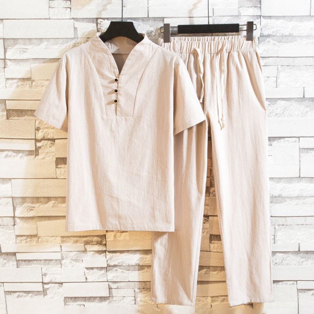 New Arrival Men's Cotton and Linen Short Sleeve T-shirt+Ankle Length Pant Set Solid Shirt+Trousers Home Suits Male Size S-3XL