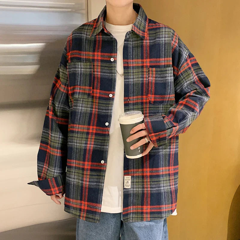 saferido Long Sleeved Shirt Men Oversized Fashion Retro Plaid Shirt Men Streetwear Loose Casual Shirt Mens Vintage Shirts Plus Size 5XL