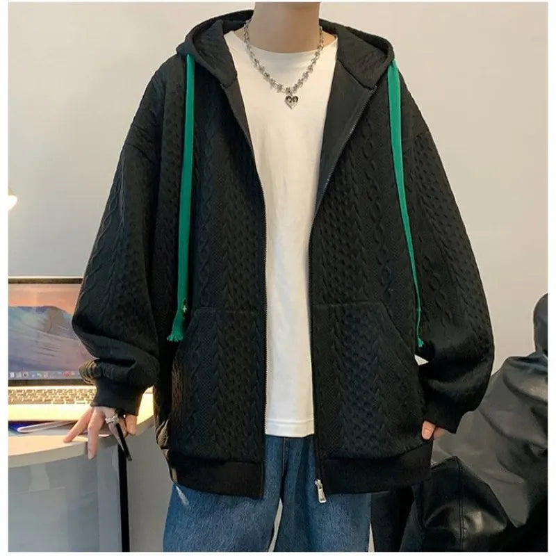 Autumn Hoodies Men's Plaid Solid Color Loose Korean Cardigan Sweatershirt Harajuku Long-sleeved Zipper Casual Hoodie Jacket