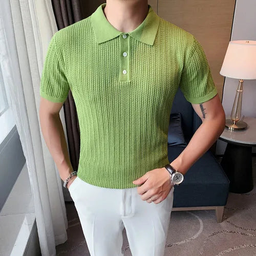 saferido British Style POLO Shirts Men Knitting Short Sleeve Shirts Solid Color Lapel Business Casual Top Summer Social Clothing 3XL