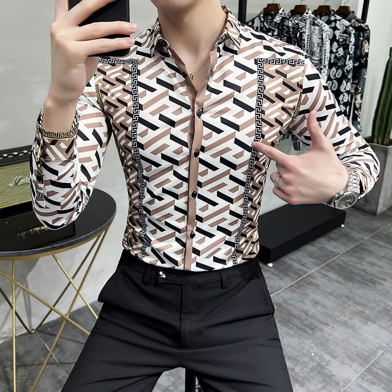 Men's Classic Geometric Print Shirt Spring Autumn Retro Casual Slim Fit Long Sleeve Shirts Men Party NightClub Shirts