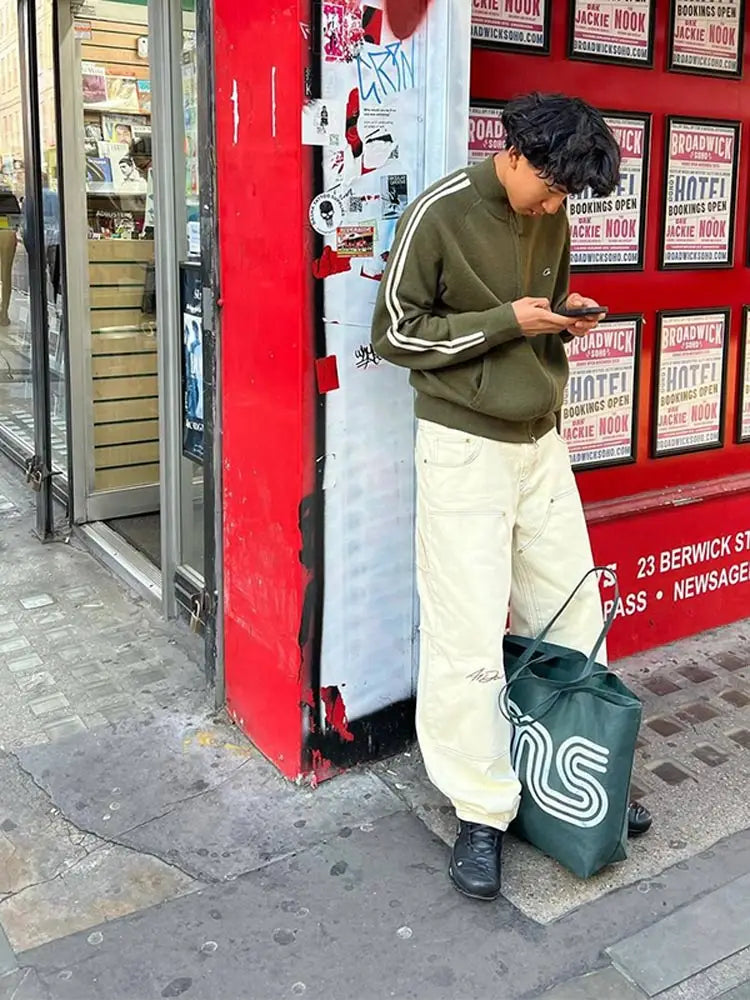 Trendy Street Men's Zipper Cardigan American Loose Casual Long Sleeve Sweater Jacket Autumn Embroidery Knitted Coat Tops