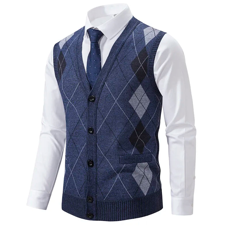 Spring Autumn Male Vest Sleeveless Sweater Fleece Warm Knitted Jackets Checkered Business Casual Button Up Coat Men's Clothing