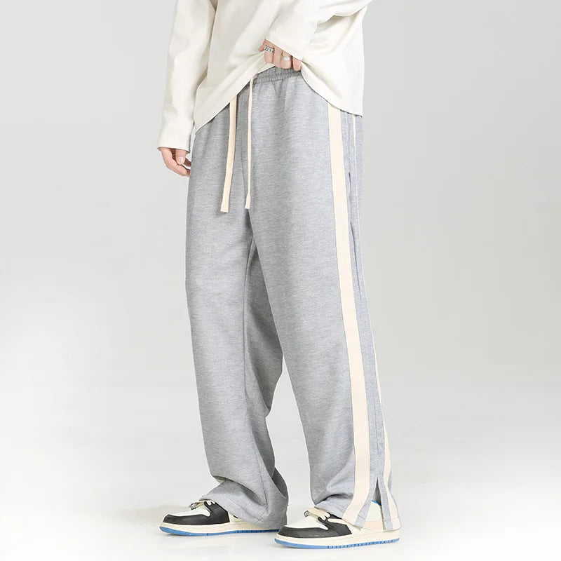 saferido Men's Striped Slit Pants Spring Autumn Straight Wide Leg Trousers High Street Loose Casual Trousers Fashion Men Clothing
