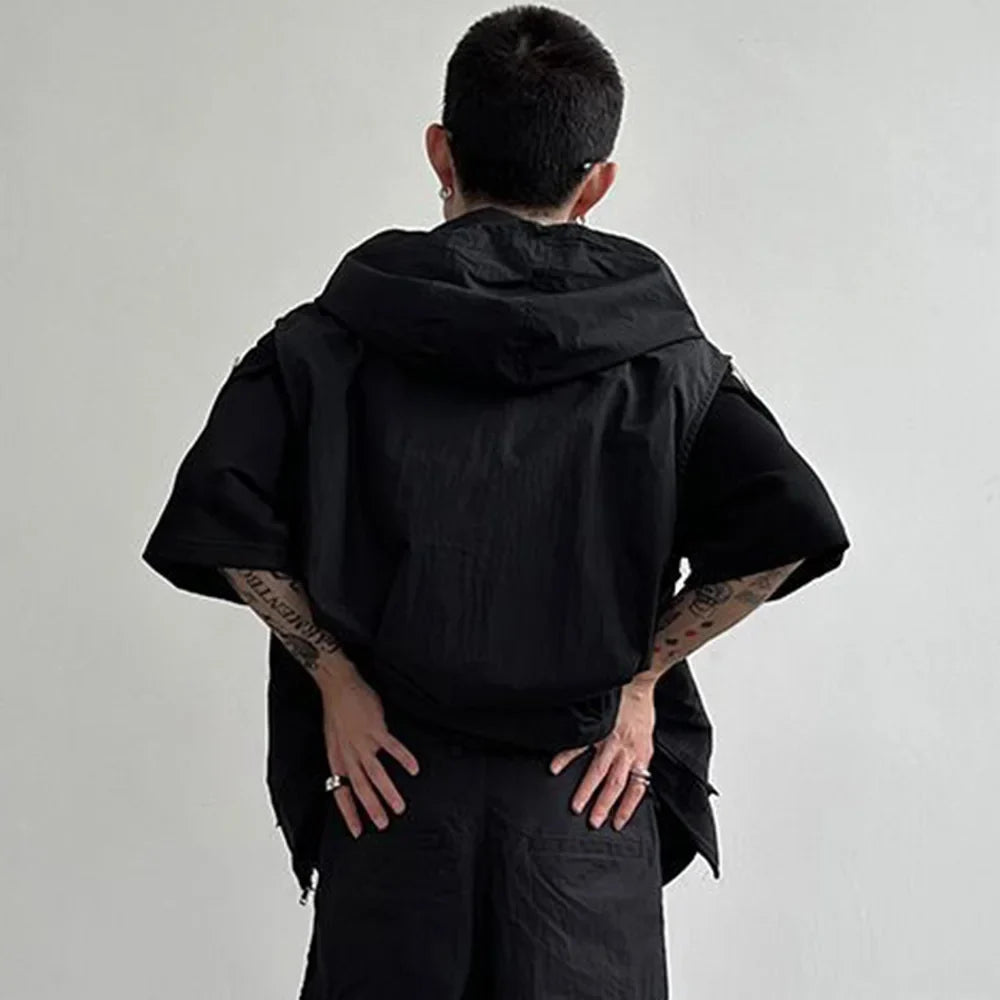 saferido Men Cargo Vest Hooded Summer Japanese Zipper Design Sleeveless Tops Male Korean Streetwear Hip Hop Unisex Plus Size Waistcoat