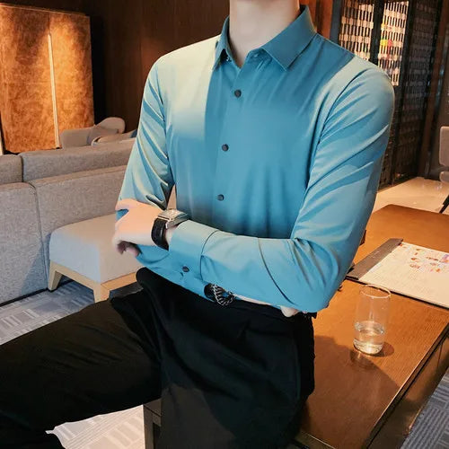 saferido Men Spring High Quality Business Shirts/Male Slim Fit Solid Color Ice silk With Long Sleeves Shirts/Man Casual Dress Shirts