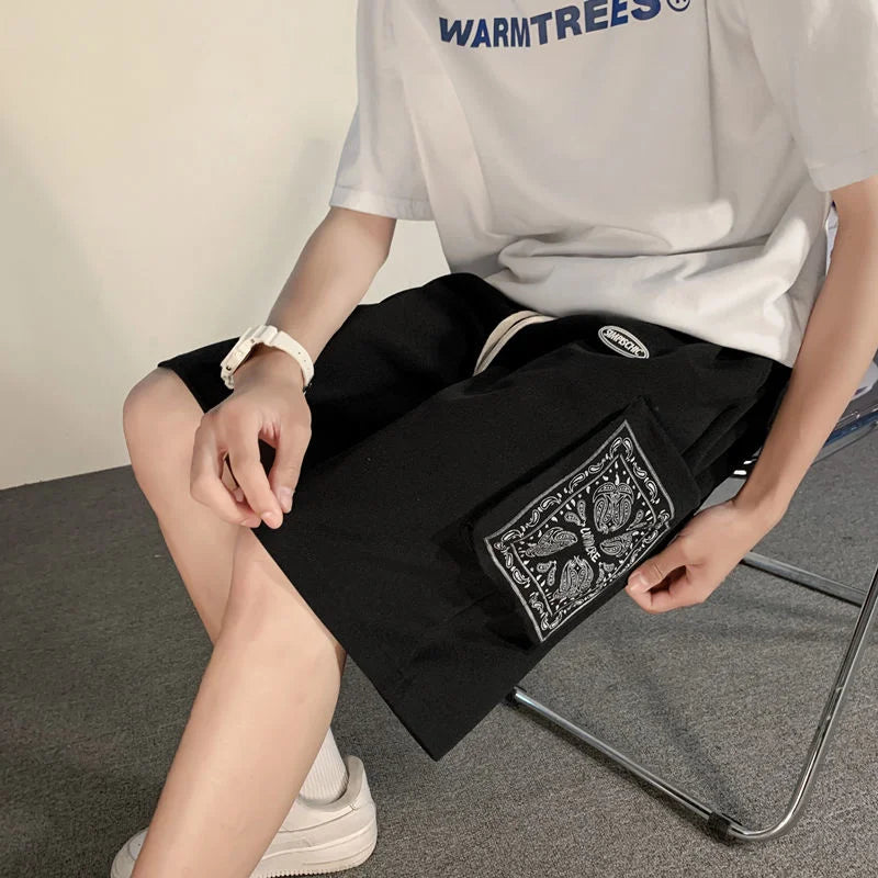 saferido Printed Big Pocket Casual Shorts for Men's Oversize Sports Straight Wide Leg Pants Loose Trend Five Points Sweatpants Summer