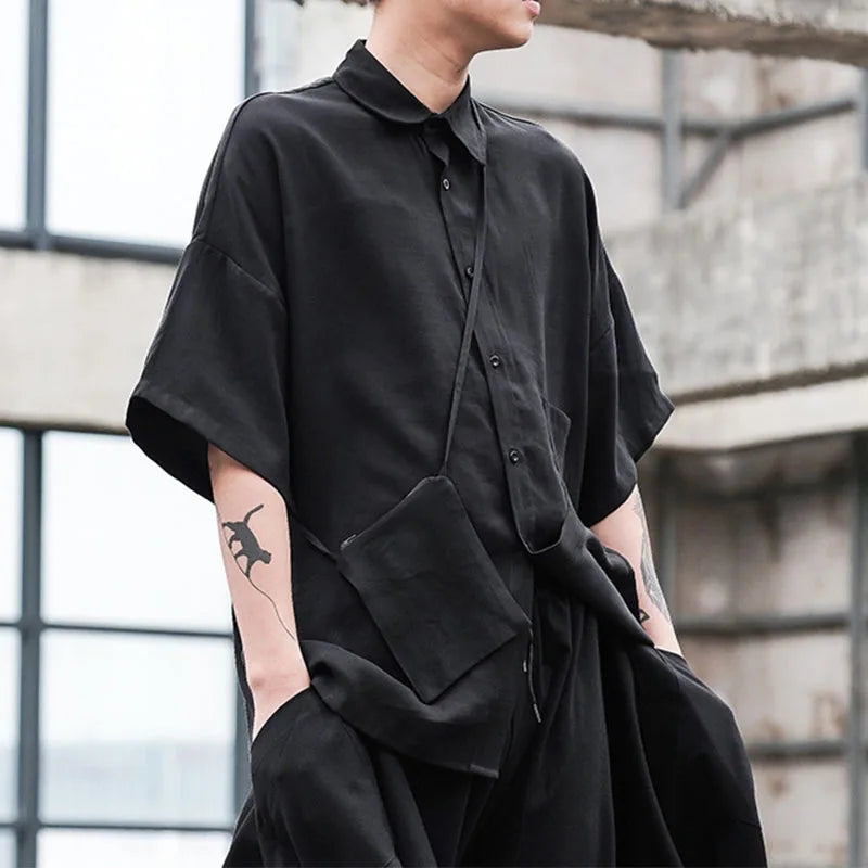 saferido Black Oversized Short Sleeve Shirt Men's Korean Style Drop Shoulder Shirt Harajuku Loose Single Breasted Shirt